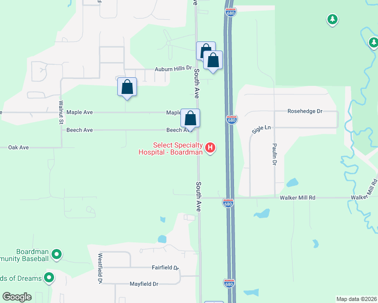 map of restaurants, bars, coffee shops, grocery stores, and more near 8034 South Avenue in Youngstown
