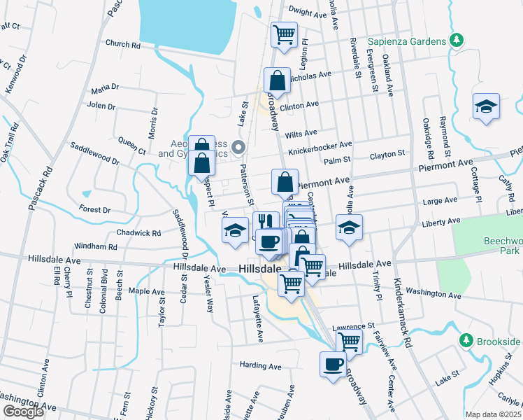map of restaurants, bars, coffee shops, grocery stores, and more near 35 Prospect Place in Hillsdale