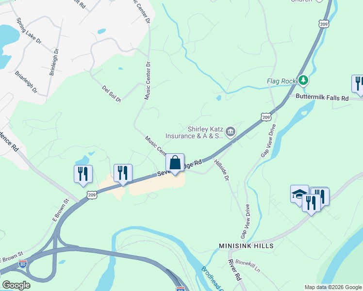 map of restaurants, bars, coffee shops, grocery stores, and more near 5485 Music Center Drive in East Stroudsburg