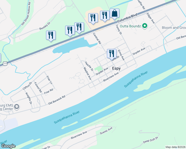 map of restaurants, bars, coffee shops, grocery stores, and more near 200 Helcha Street in Bloomsburg