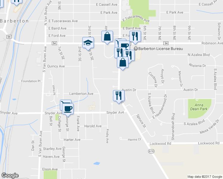 map of restaurants, bars, coffee shops, grocery stores, and more near 414 Crocus Place in Barberton