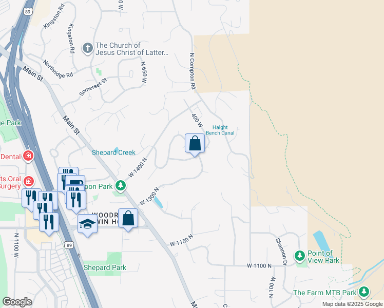 map of restaurants, bars, coffee shops, grocery stores, and more near 418 North Welling Way in Farmington