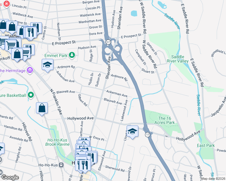 map of restaurants, bars, coffee shops, grocery stores, and more near 401 Ackerman Avenue in Ho-Ho-Kus