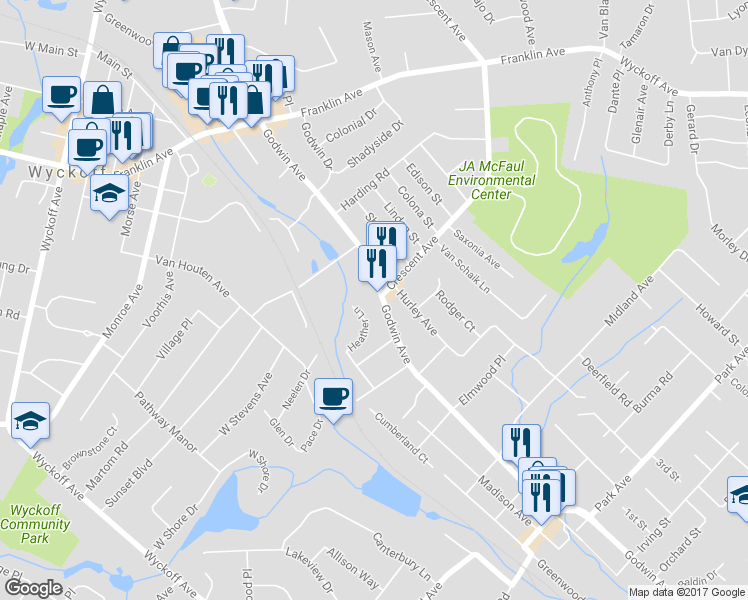 map of restaurants, bars, coffee shops, grocery stores, and more near 179 Godwin Ave in Wyckoff