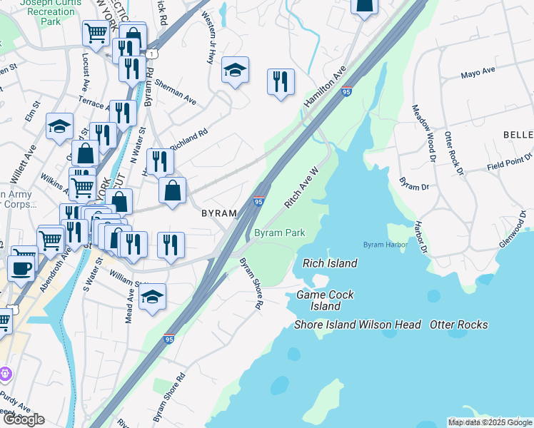 map of restaurants, bars, coffee shops, grocery stores, and more near 52 Ritch Avenue West in Greenwich