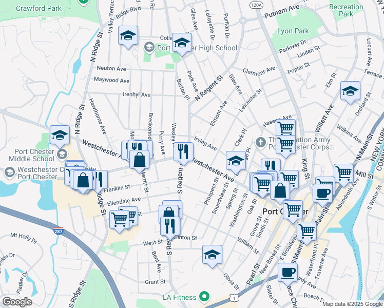 map of restaurants, bars, coffee shops, grocery stores, and more near 411 Westchester Avenue in Port Chester
