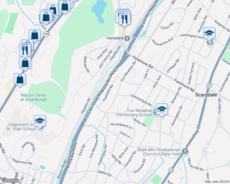 map of restaurants, bars, coffee shops, grocery stores, and more near 223 Fox Meadow Road in Scarsdale