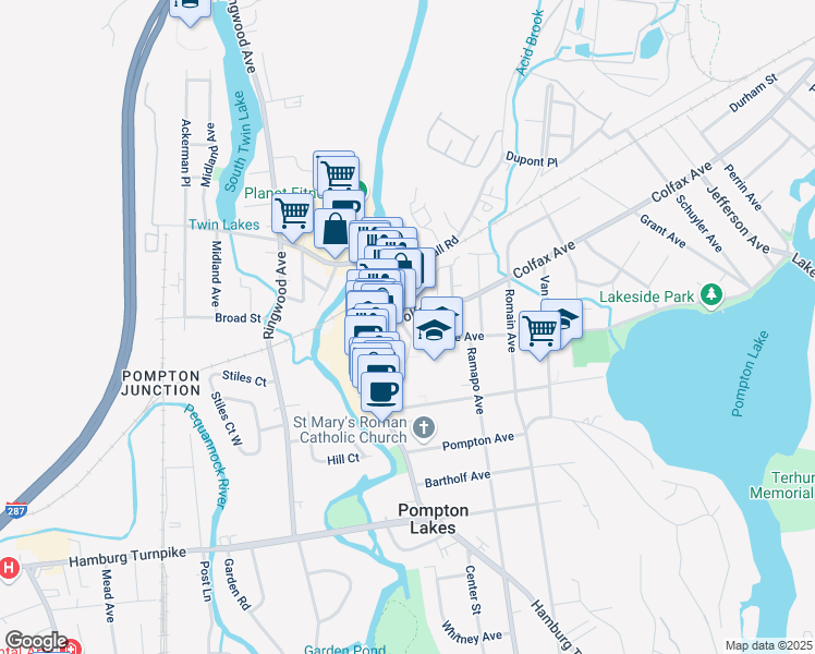map of restaurants, bars, coffee shops, grocery stores, and more near 111 Wanaque Avenue in Pompton Lakes