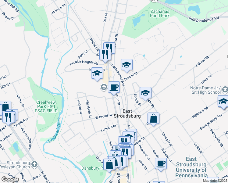 map of restaurants, bars, coffee shops, grocery stores, and more near 240 Harris Street in East Stroudsburg