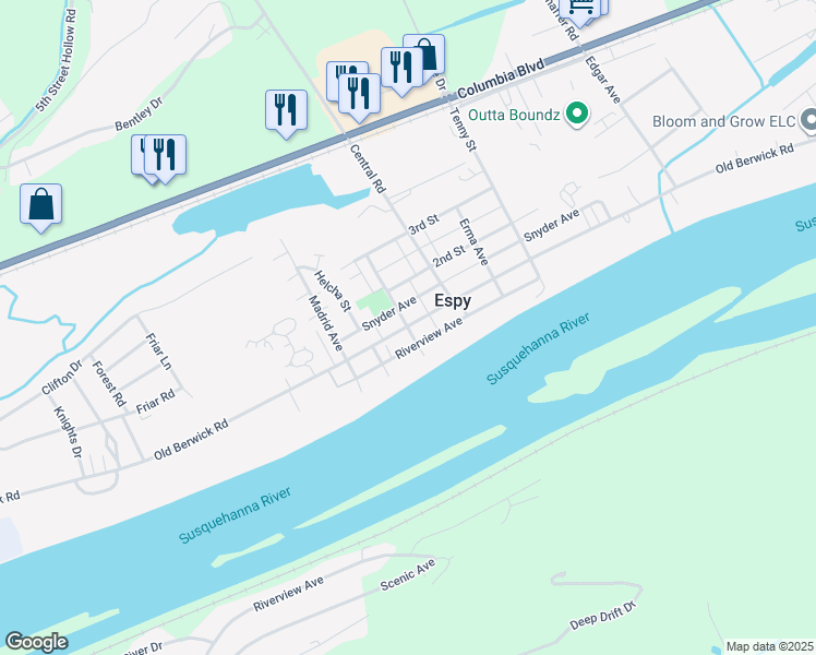 map of restaurants, bars, coffee shops, grocery stores, and more near 2306 Old Berwick Road in Bloomsburg