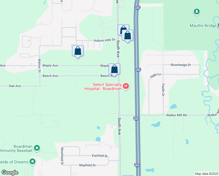map of restaurants, bars, coffee shops, grocery stores, and more near 8018 South Avenue in Youngstown