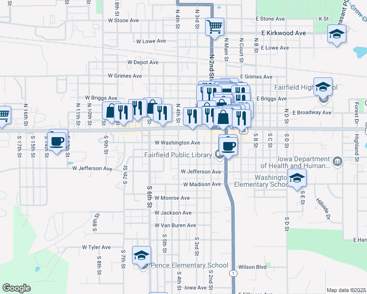 map of restaurants, bars, coffee shops, grocery stores, and more near 400 West Washington Avenue in Fairfield