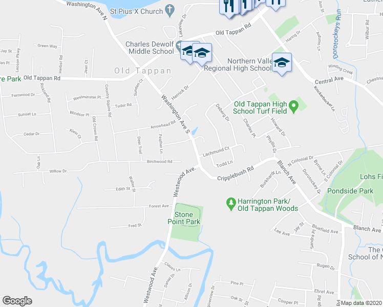 map of restaurants, bars, coffee shops, grocery stores, and more near 1007 Washington Avenue South in Old Tappan