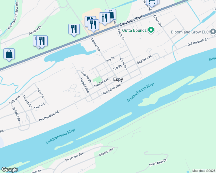 map of restaurants, bars, coffee shops, grocery stores, and more near 2306 Old Berwick Road in Bloomsburg