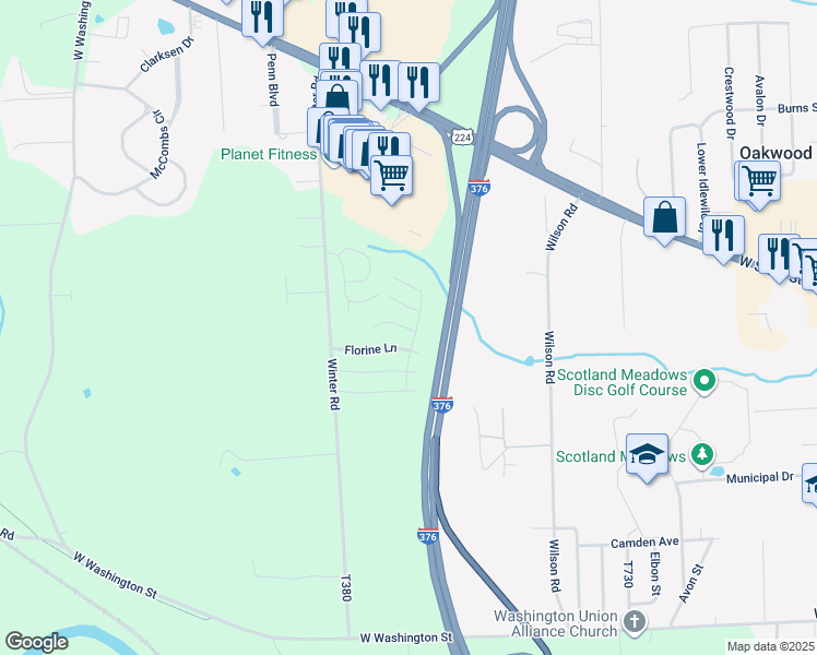 map of restaurants, bars, coffee shops, grocery stores, and more near 425 Jennie Lane in New Castle