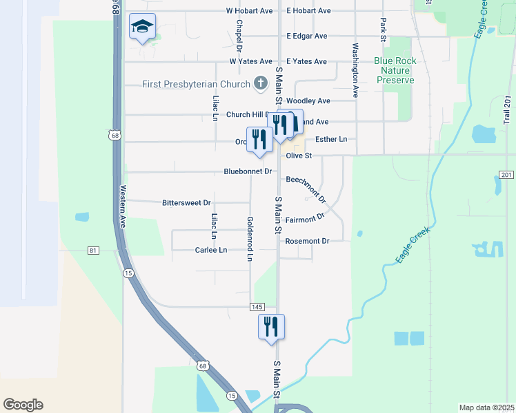 map of restaurants, bars, coffee shops, grocery stores, and more near 2633 Goldenrod Lane in Findlay