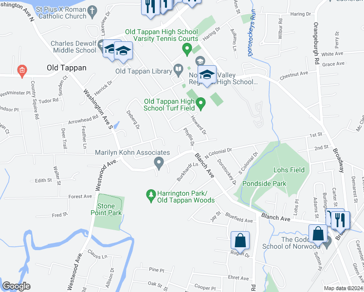 map of restaurants, bars, coffee shops, grocery stores, and more near 6 Old Church Court in Old Tappan
