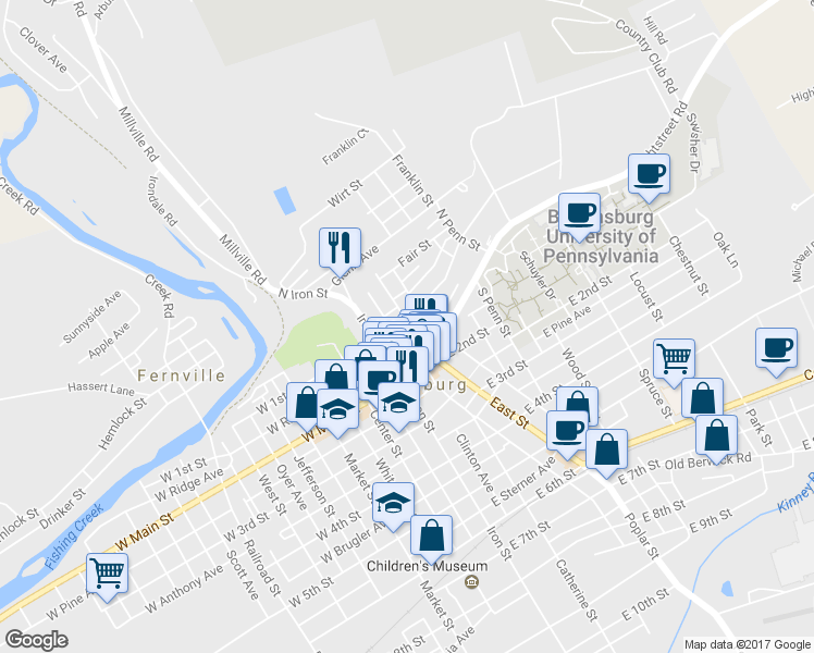 map of restaurants, bars, coffee shops, grocery stores, and more near 150 E 1st St in Bloomsburg