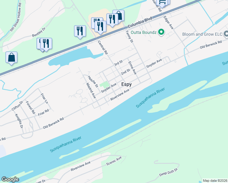 map of restaurants, bars, coffee shops, grocery stores, and more near 2306 Old Berwick Road in Bloomsburg