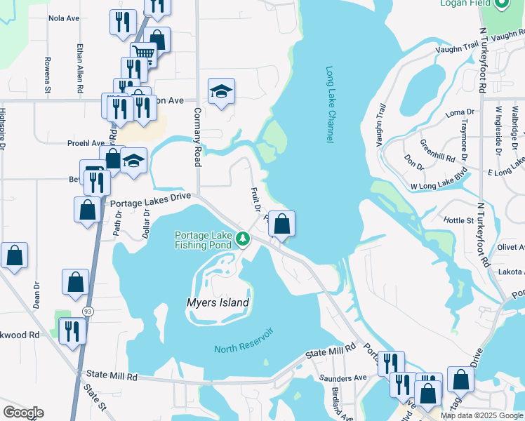 map of restaurants, bars, coffee shops, grocery stores, and more near 617 Fruit Drive in Akron