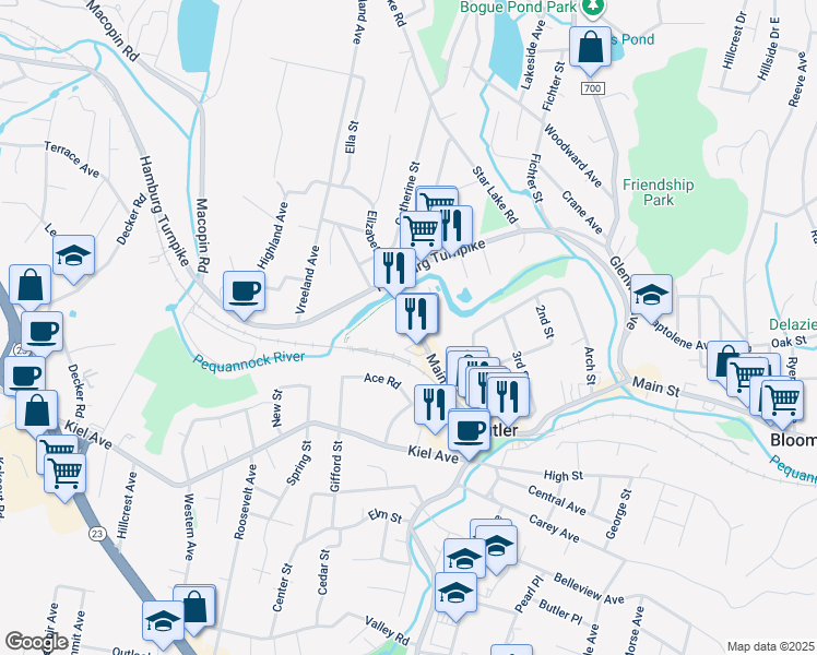 map of restaurants, bars, coffee shops, grocery stores, and more near 415 Main Street in Butler
