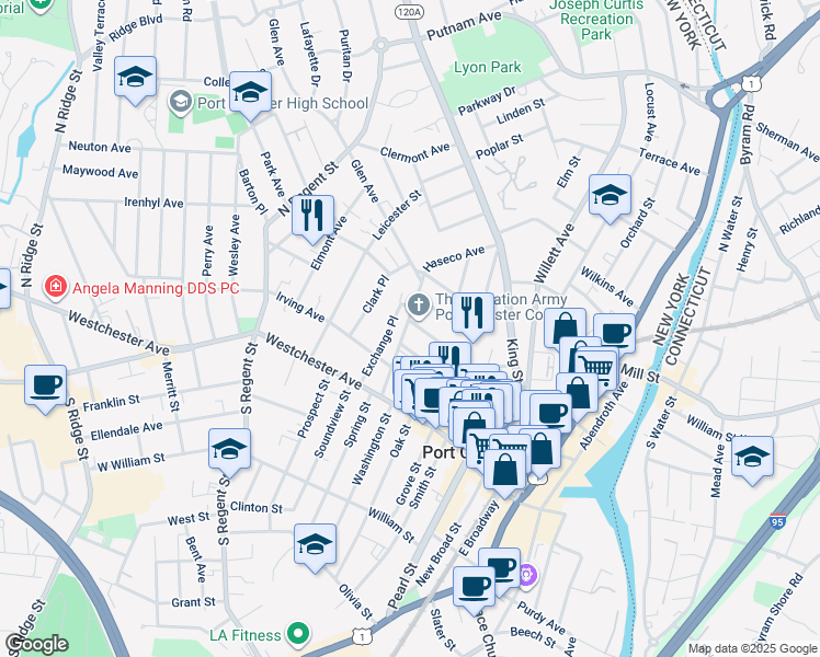 map of restaurants, bars, coffee shops, grocery stores, and more near 61 Haseco Avenue in Port Chester