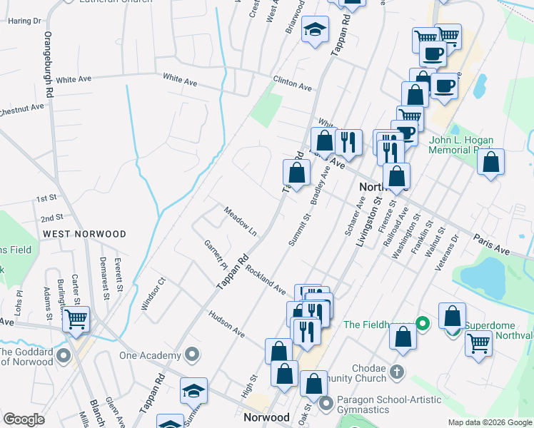 map of restaurants, bars, coffee shops, grocery stores, and more near 485 Tappan Rd in Norwood