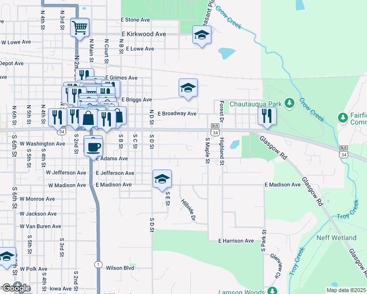 map of restaurants, bars, coffee shops, grocery stores, and more near 510 East Washington Avenue in Fairfield