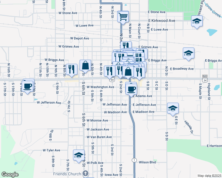 map of restaurants, bars, coffee shops, grocery stores, and more near 300 West Washington Avenue in Fairfield