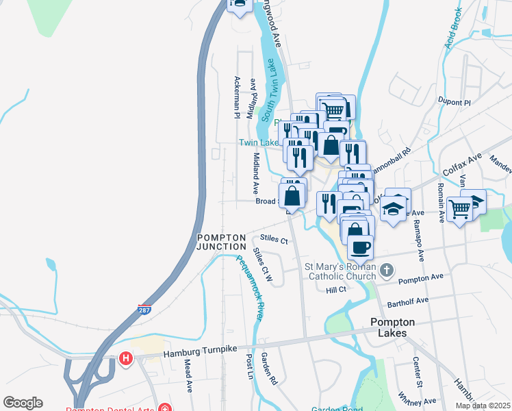 map of restaurants, bars, coffee shops, grocery stores, and more near 86 Broad Street in Pompton Lakes