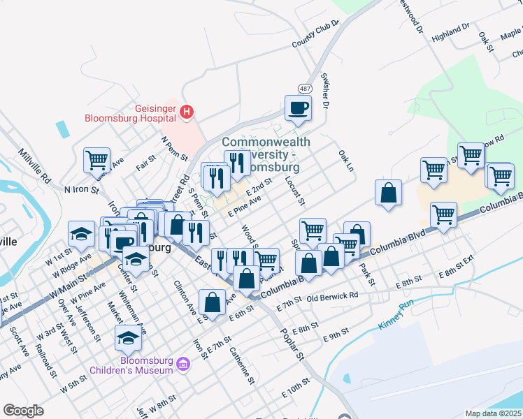 map of restaurants, bars, coffee shops, grocery stores, and more near 560 East 3rd Street in Bloomsburg