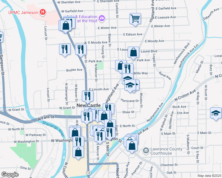 map of restaurants, bars, coffee shops, grocery stores, and more near 125 East Lincoln Avenue in New Castle