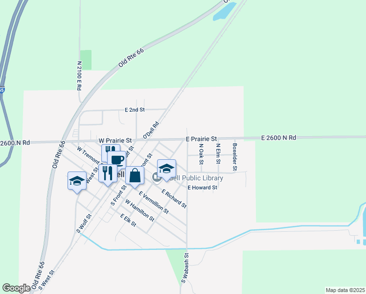 map of restaurants, bars, coffee shops, grocery stores, and more near 410 North Morgan Street in Odell