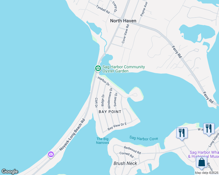 map of restaurants, bars, coffee shops, grocery stores, and more near 26 Harbor Drive in Sag Harbor
