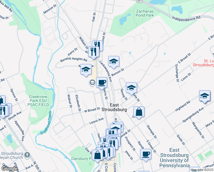 map of restaurants, bars, coffee shops, grocery stores, and more near 240 Harris Street in East Stroudsburg