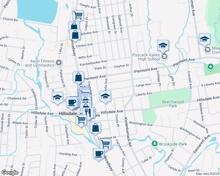 map of restaurants, bars, coffee shops, grocery stores, and more near 122 Large Avenue in Hillsdale