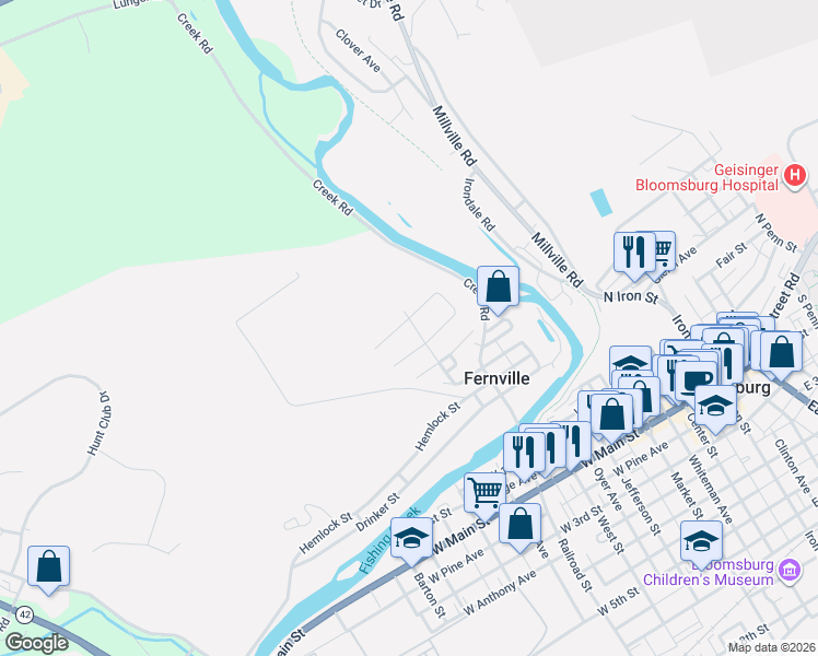 map of restaurants, bars, coffee shops, grocery stores, and more near 491 Ferncliff Road in Bloomsburg