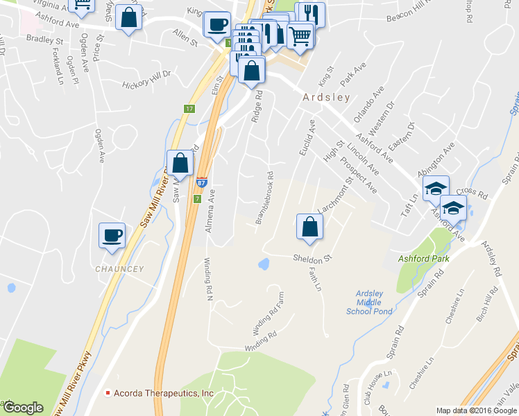 map of restaurants, bars, coffee shops, grocery stores, and more near 74 Bramblebrook Road in Ardsley