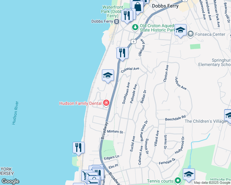 map of restaurants, bars, coffee shops, grocery stores, and more near 46 Broadway in Dobbs Ferry