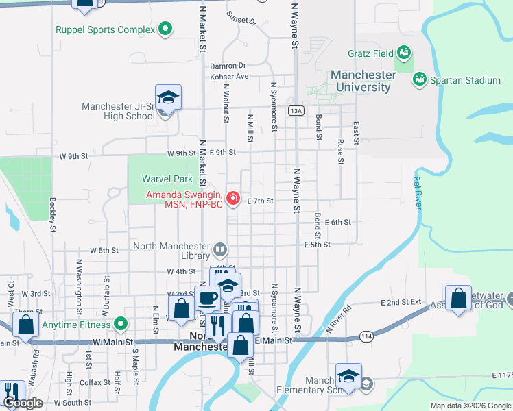 map of restaurants, bars, coffee shops, grocery stores, and more near 607 North Mill Street in North Manchester