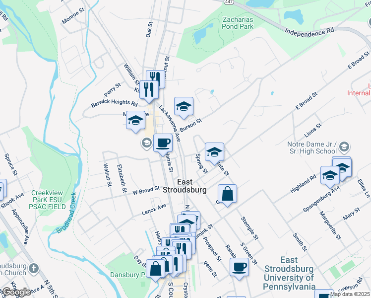 map of restaurants, bars, coffee shops, grocery stores, and more near 204 Lackawanna Avenue in East Stroudsburg