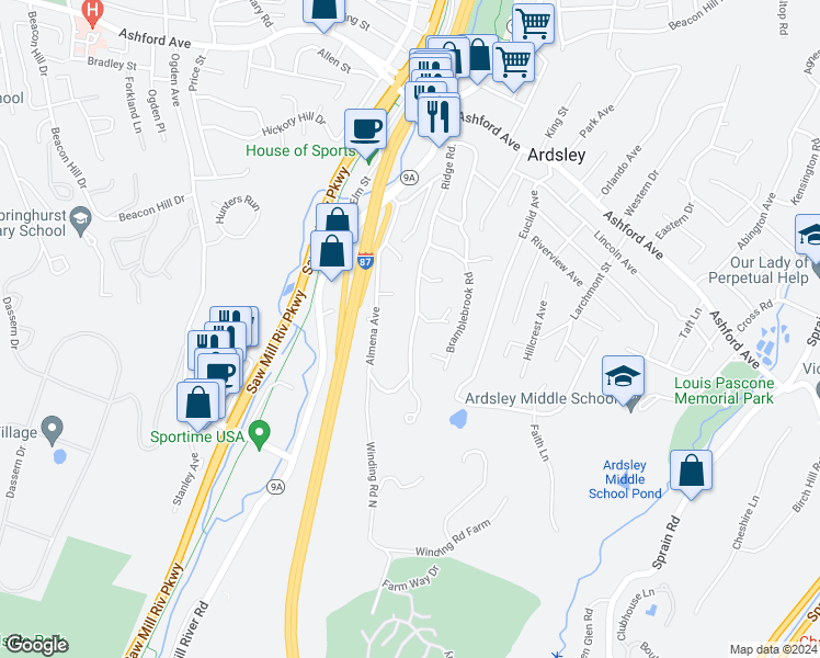 map of restaurants, bars, coffee shops, grocery stores, and more near 92 Ridge Road in Ardsley