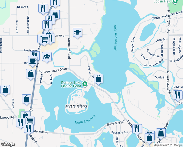 map of restaurants, bars, coffee shops, grocery stores, and more near 617 Fruit Drive in Akron