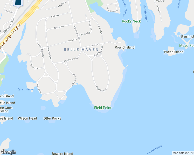 map of restaurants, bars, coffee shops, grocery stores, and more near 35 Field Point Circle in Greenwich