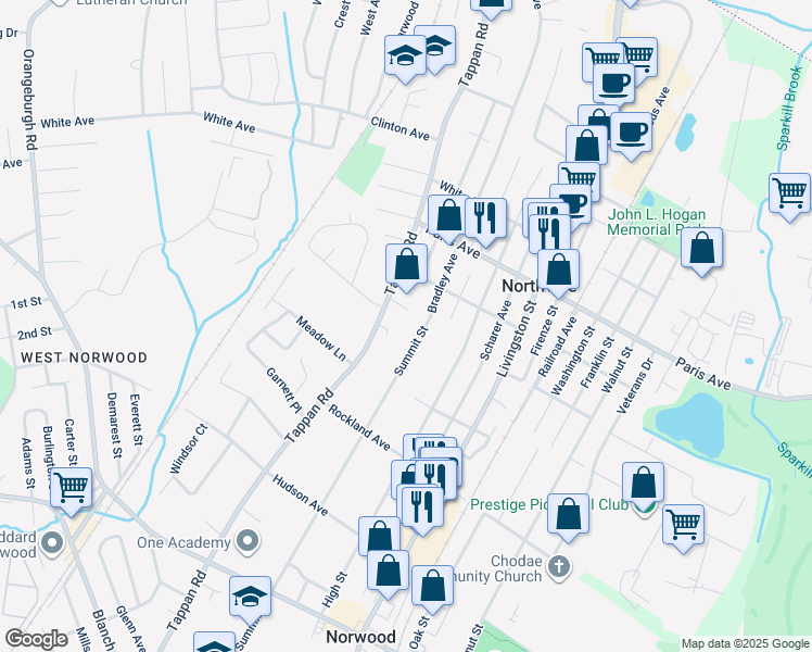 map of restaurants, bars, coffee shops, grocery stores, and more near 20 Helen Court in Norwood