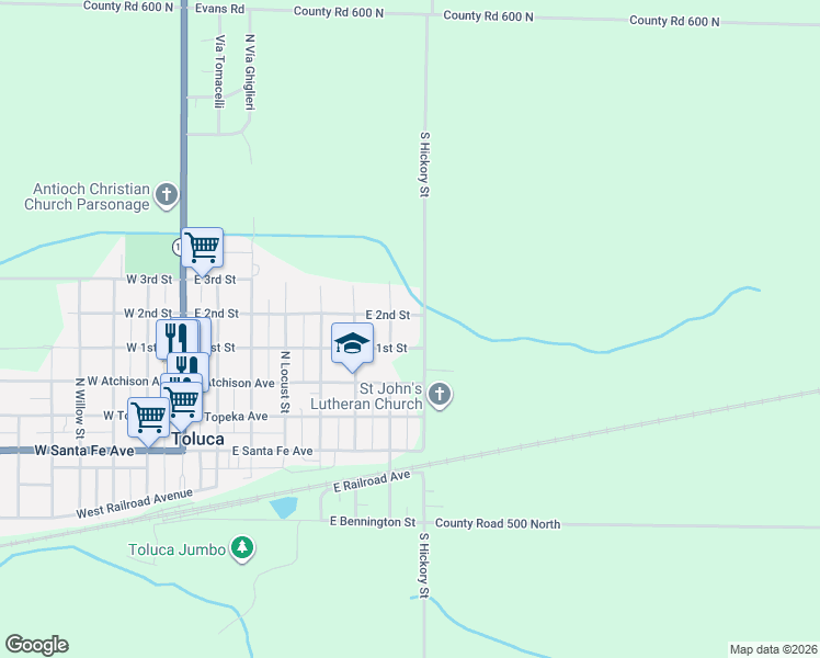 map of restaurants, bars, coffee shops, grocery stores, and more near 512 North Walnut Street in Toluca