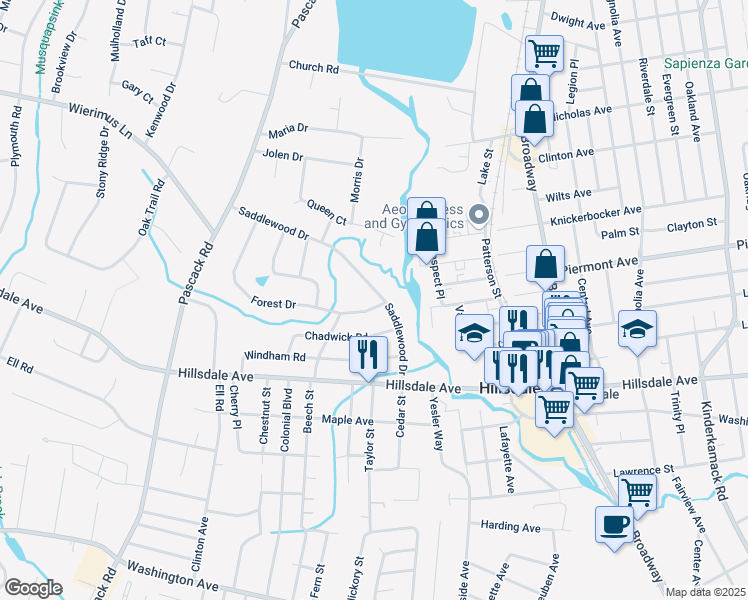 map of restaurants, bars, coffee shops, grocery stores, and more near 163 Saddlewood Drive in Hillsdale
