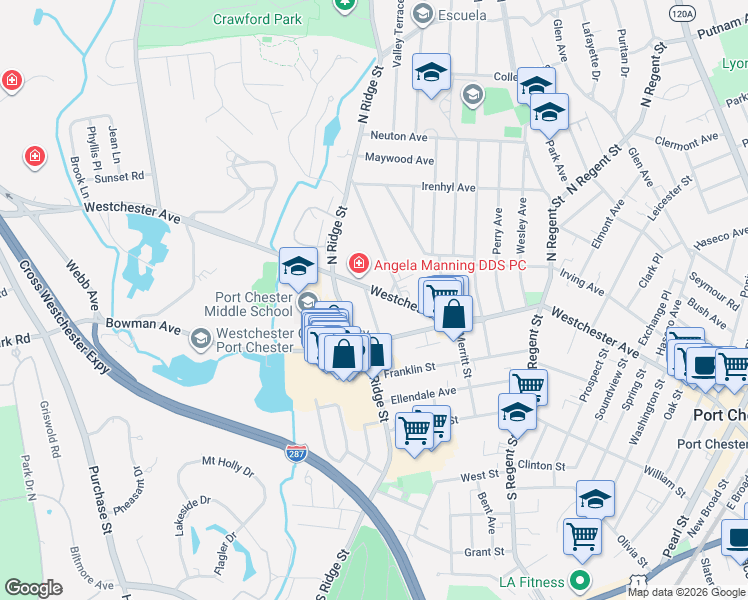 map of restaurants, bars, coffee shops, grocery stores, and more near 560 Westchester Avenue in Rye Brook