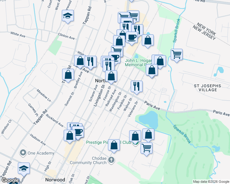 map of restaurants, bars, coffee shops, grocery stores, and more near 188 Railroad Avenue in Northvale