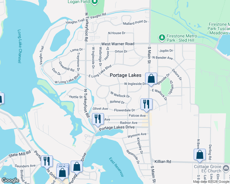 map of restaurants, bars, coffee shops, grocery stores, and more near 139 West Wellock Drive in Akron